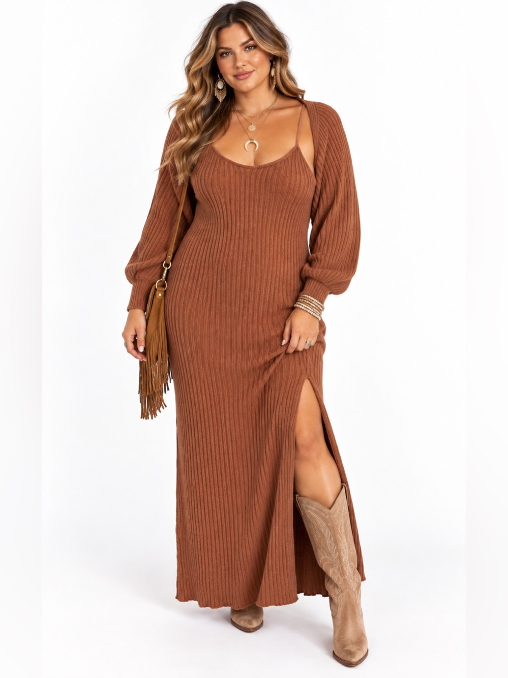 Ribbed Knit Spaghetti-Strap Sweater Dress and shrug in rust